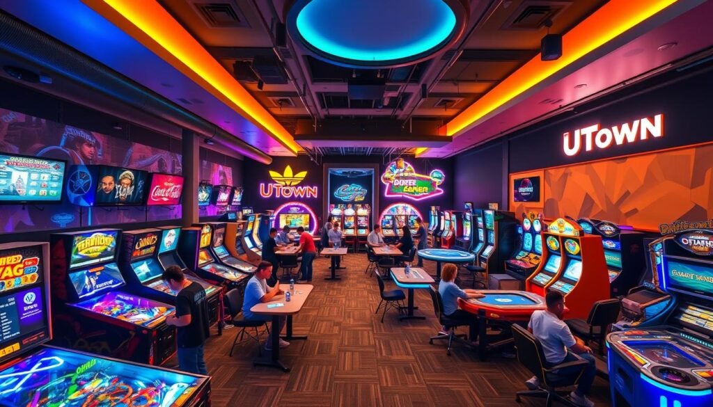 A vibrant and immersive gaming hall, with a diverse array of interactive entertainment options. In the foreground, players engage with a variety of arcade-style machines, from classic pinball to cutting-edge virtual reality setups. The middle ground showcases a range of table games, from card tables to interactive digital platforms, all set against a backdrop of neon-lit, futuristic decor. The UTown branding is subtly integrated, creating a cohesive and visually striking environment. Warm, diffused lighting casts a welcoming glow, inviting visitors to explore and experience the exhilarating world of gaming.