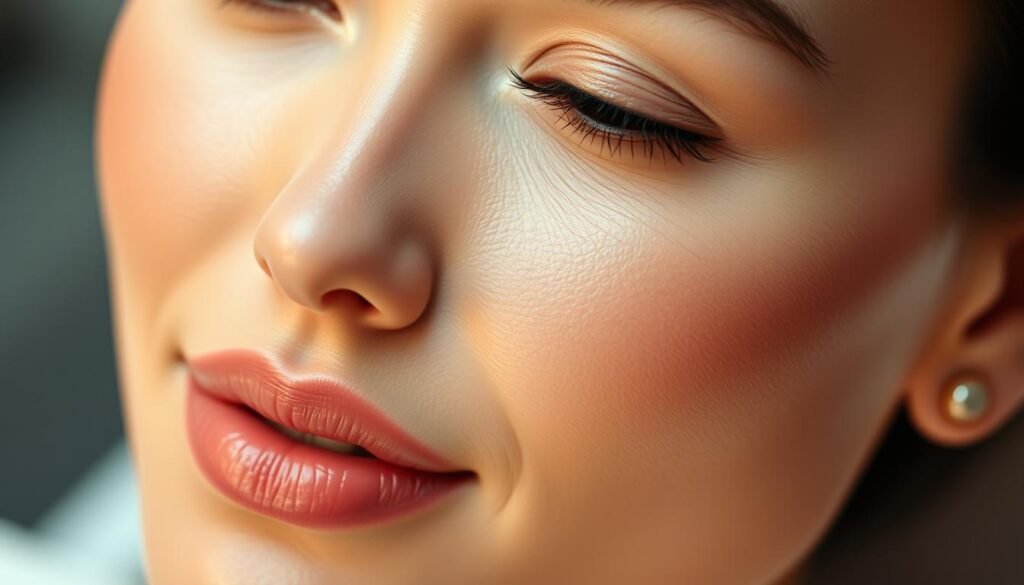 A close-up shot of a smooth, youthful-looking woman's face showcasing the remarkable results of the Glowin Beaute Oligio X 原美電波therapy. Soft, warm lighting highlights the renewed radiance and tightened, contoured features. The woman's skin appears visibly plumped, with diminished fine lines and wrinkles. A serene, confident expression conveys the transformative power of this advanced skin treatment. The scene exudes a sense of rejuvenation and natural beauty, reflecting the excellence of the Oligio X 原美電波 technology.