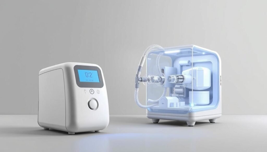 A high-quality, detailed medical illustration of the iCareCPAP sleep apnea breathing machine. In the foreground, the device appears sleek and modern, with a soft blue LED display and intuitive user controls. The middle ground features a cutaway view showcasing the internal components, including the air intake, humidifier, and tubing. In the background, a neutral grey backdrop allows the device to stand out. The lighting is soft and diffused, creating a professional, clinical atmosphere. The angle is slightly tilted to provide a clear, three-dimensional view of the iCareCPAP machine.