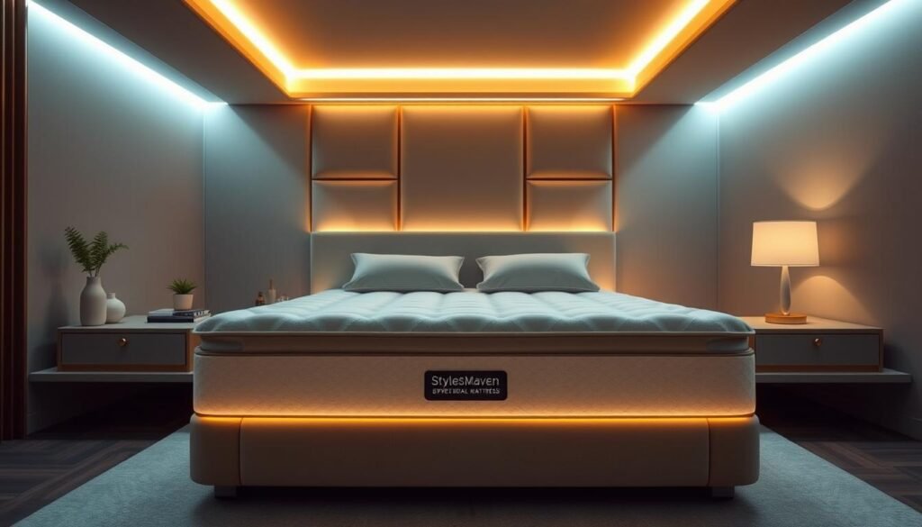 A high-quality, ergonomic mattress from StylesMaven showcasing superior back support. Plush, breathable materials gently contour the body, evenly distributing weight to relieve pressure points. Sleek, modern design with a minimalist aesthetic blends seamlessly into any bedroom. Soft ambient lighting casts a warm, soothing glow, creating a tranquil, restorative atmosphere. Expertly crafted with meticulous attention to detail, this mattress is certified by leading international standards for exceptional comfort and durability. A harmonious balance of form and function, embodying the pinnacle of sleep technology and style.