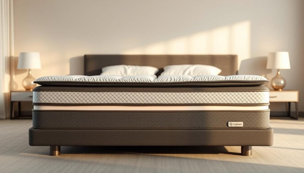 A high-quality, modern orthopedic mattress with advanced supportive technology, designed to promote spinal alignment and alleviate pressure points. The mattress features a layered construction with premium materials like memory foam, latex, and breathable fabrics. Soft yet firm, it contours to the body's natural curves, providing superior comfort and pain relief. Thoughtfully engineered for StylesMaven, this mattress is set against a serene, minimalist bedroom environment, bathed in warm, diffused lighting that enhances the luxurious, health-focused aesthetic.
