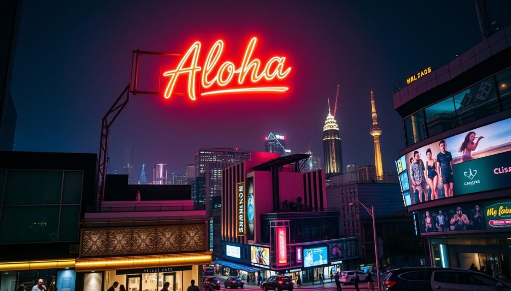 A neon-lit Aloha sign illuminates the night sky, casting a warm glow over a bustling urban street. The sign's vibrant colors and dynamic form captivate passersby, drawing their attention to the storefront below. The middle ground features a combination of modern architecture and traditional shop facades, each with its own unique lighting elements that contribute to the overall luminous ambiance. In the background, a hazy cityscape stretches out, its skyscrapers and towers also adorned with glowing advertisements. The scene evokes a sense of energy, modernity, and the allure of urban nightlife, perfectly capturing the application of illuminated signage in the world of advertising.