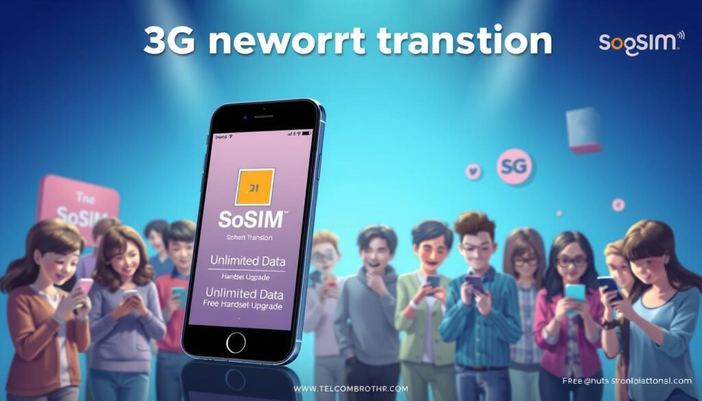 A vibrant, high-quality digital illustration showcasing the "SoSIM" brand's attractive 3G network transition offer. The foreground depicts a smartphone prominently displaying the "SoSIM" logo and key details of the plan, such as "Unlimited Data" and "Free Handset Upgrade". The middle ground features a group of diverse customers enthusiastically engaging with their mobile devices, representing the target audience. The background subtly incorporates the Telecombrother brand's signature colors and design elements, creating a cohesive and visually appealing composition. The overall scene conveys a sense of excitement, convenience, and value surrounding the 3G network transition offer.