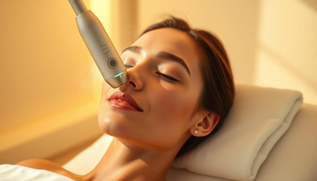 Elegant face treatment session with Glowin' Beaute's Oligio X device. Warm yellow lighting casts soft shadows across a serene, spa-like setting. Minimalist white walls and clean surfaces create a calming atmosphere. The Oligio X handpiece hovers near the subject's face, radiating therapeutic energy. Subtle mist or steam adds a mystical quality. The subject's expression is one of deep relaxation, their skin glowing with renewed radiance. Close-up, high-resolution perspective captures the intricate details of the device and its effects on the skin.