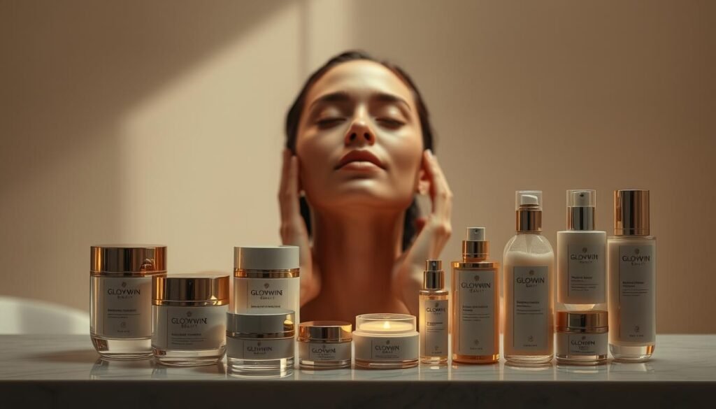 Oligio X 原美電波療程後的護理重點: A serene, dimly lit scene showcasing Glowin Beaute's skincare products for post-treatment care. In the foreground, an array of luxurious creams, lotions, and essences arranged on a marble surface, bathed in a soft, warm glow. In the middle ground, a model's face, eyes closed, radiating a tranquil, rejuvenated expression as they apply the products with gentle, soothing motions. The background depicts a minimalist, spa-like setting with muted tones and subtle textures, creating a sense of calm and relaxation.