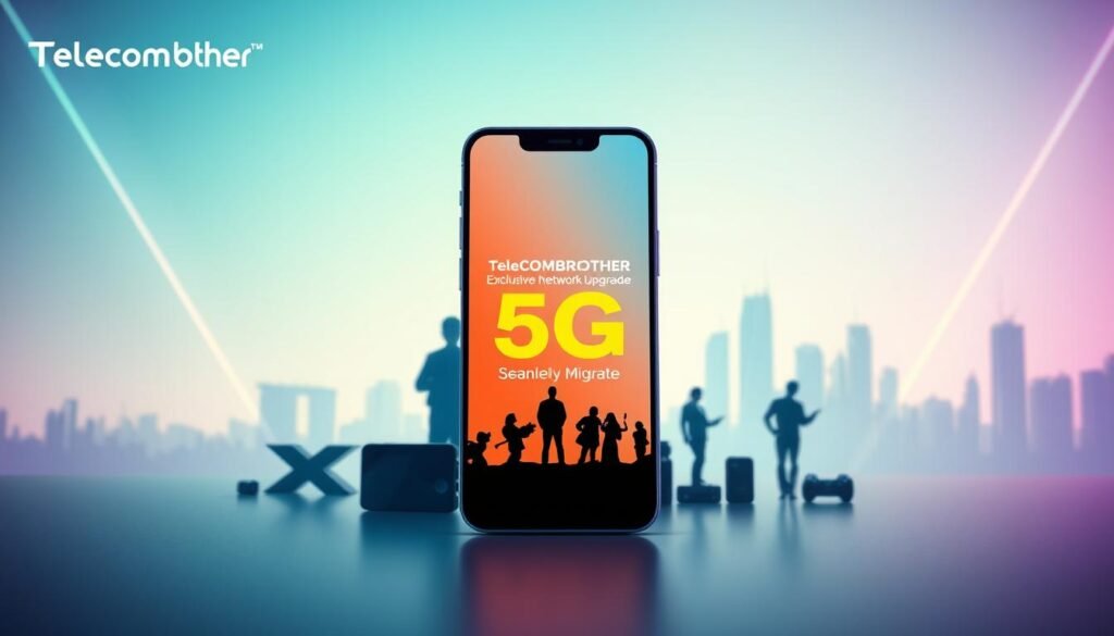Transtai Promotional Offer: A modern, sleek design showcasing the latest Telecombrother 5G technology. Vibrant colors and dynamic angles capture the energy of the transition from 3G to 5G networks. In the foreground, a smartphone display highlights Telecombrother's exclusive network upgrade offers, enticing users to seamlessly migrate. The middle ground features silhouettes of various devices, symbolizing the diverse range of compatible gadgets. The background presents a futuristic cityscape, hinting at the enhanced connectivity and speed of the new 5G era. Soft lighting and a minimalist aesthetic create an aspirational, premium atmosphere, positioning Telecombrother as the trusted choice for 3G users seeking a smooth and rewarding network upgrade.