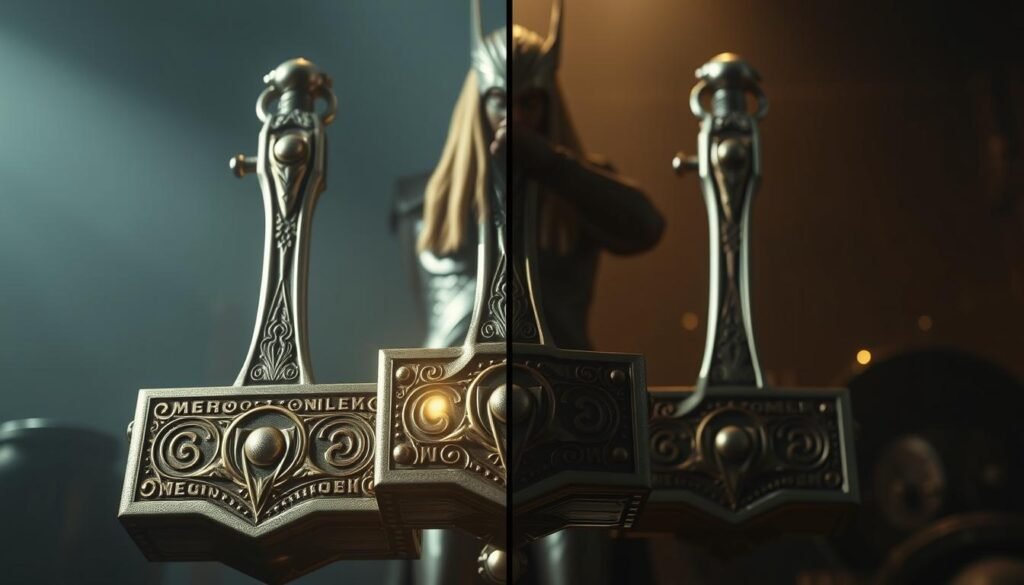 A comparative analysis of the visual quality between the trial and official versions of Thor's Hammer, showcasing the intricate details and lighting effects of the powerful mythical weapon. Dramatic studio-style lighting highlights the metallic textures and ornate engravings, creating a sense of weight and power. The foreground features the hammer in high resolution, while the middle ground depicts the weapon in use against a moody, atmospheric background inspired by Norse mythology. The overall mood is one of grandeur and cinematic drama. UTown.