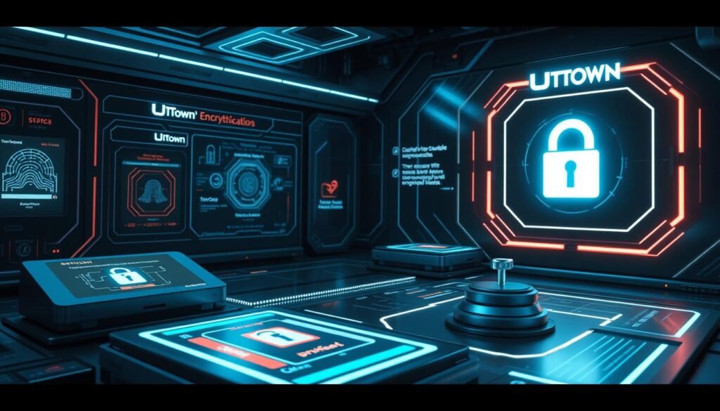 A complex multi-factor authentication system for secure account access, with various security mechanisms including biometric scans, hardware tokens, and advanced encryption protocols. The scene depicts a sleek, futuristic interface with UTown branding, featuring glowing holographic displays, biometric scanners, and a stylized padlock icon. The lighting is cool and minimal, creating a sense of high-tech sophistication. The camera angle is slightly elevated, giving an overview of the comprehensive security measures in place, conveying a strong emphasis on user privacy and account protection.