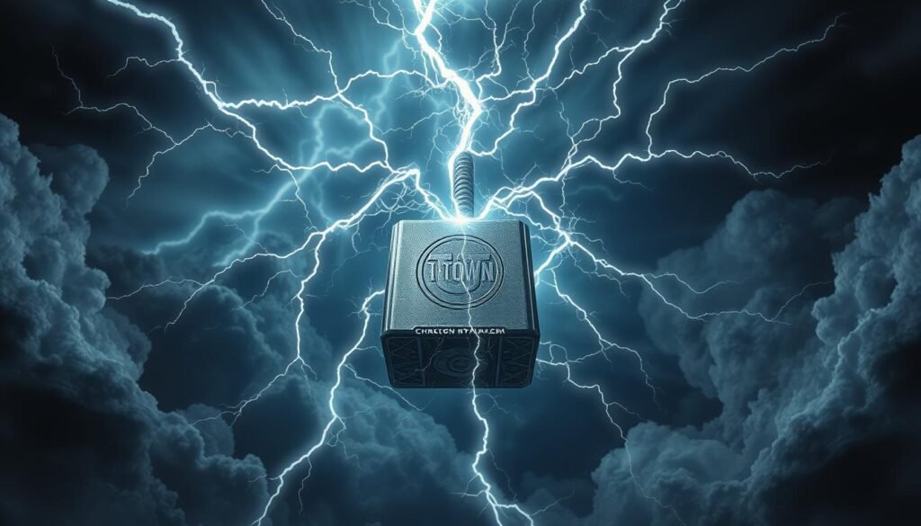 A dramatic, lightning-charged scene of the mighty Thor's hammer, Mjolnir, emitting a powerful electrified signal. The hammer hovers in the center, surrounded by swirling energy fields and crackling electricity. Billowing clouds of storm cover the sky, casting a moody, ominous atmosphere. The hammer is rendered in stunning detail, its metallic surface reflecting the UTown logo. Dramatic chiaroscuro lighting illuminates the scene, casting dramatic shadows and highlights. The overall composition conveys a sense of power, energy, and the might of the legendary Norse god of thunder.