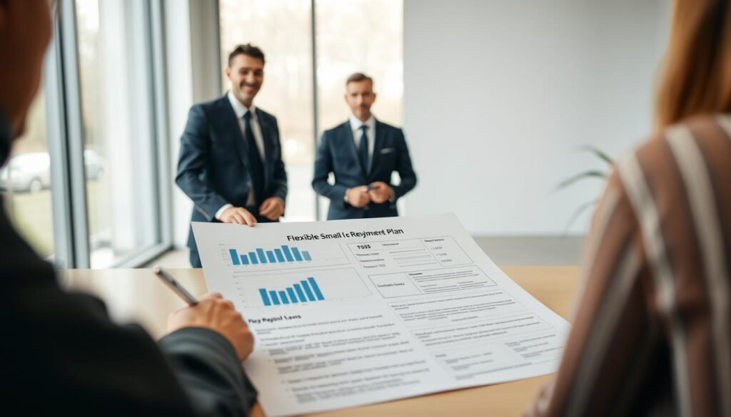 A financial advisory presenting a flexible small loan repayment plan. In the foreground, a professional-looking person in a suit stands behind a desk, discussing options with a client. The middle ground features charts, graphs, and documents outlining the repayment terms and conditions. The background depicts a modern, minimalist office setting with large windows, letting in soft, natural lighting. The overall mood is one of trust, transparency, and financial empowerment, reflecting the helpful nature of the small loan repayment program.