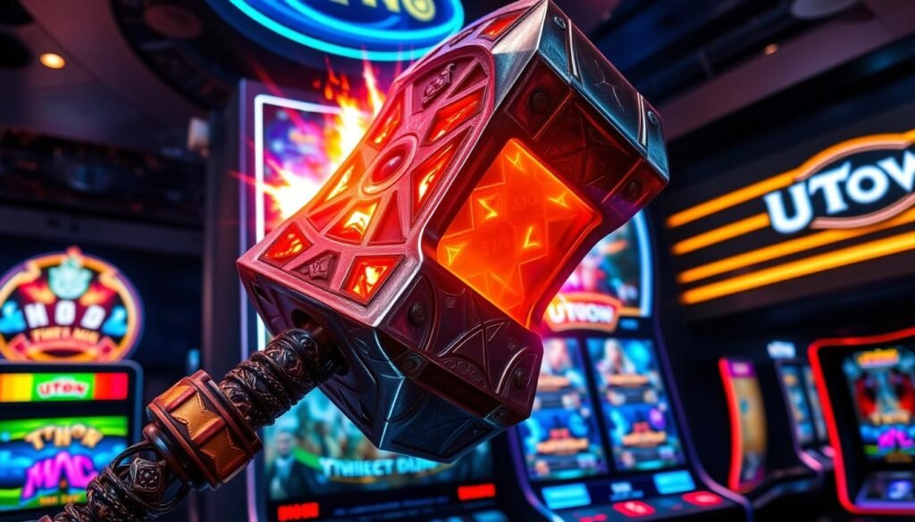 A high-tech slot machine with the powerful hammer of Thor as its central feature, glowing with dynamic energy. The machine's display showcases vibrant, shifting graphics and special effects, immersing the player in the mythical world of Norse gods. The foreground is dominated by the large, ornate hammer, its metallic surface reflecting the game's vibrant lighting. The background features a dark, moody atmosphere with subtle references to the UTown casino brand. The overall scene conveys a sense of magical, otherworldly gameplay that captivates the senses.