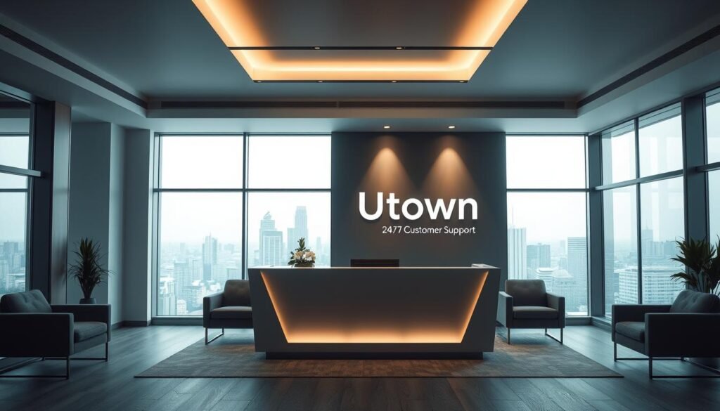 A modern, minimalist office interior with a sleek, glass-fronted reception desk and comfortable seating. The UTown logo is prominently displayed, signaling 24/7 customer support. Soft, diffused lighting illuminates the space, creating a professional yet welcoming atmosphere. The background showcases a serene city skyline through large windows, conveying a sense of safety and reliability. The composition emphasizes efficiency, accessibility, and the brand's commitment to addressing customer concerns promptly and effectively.