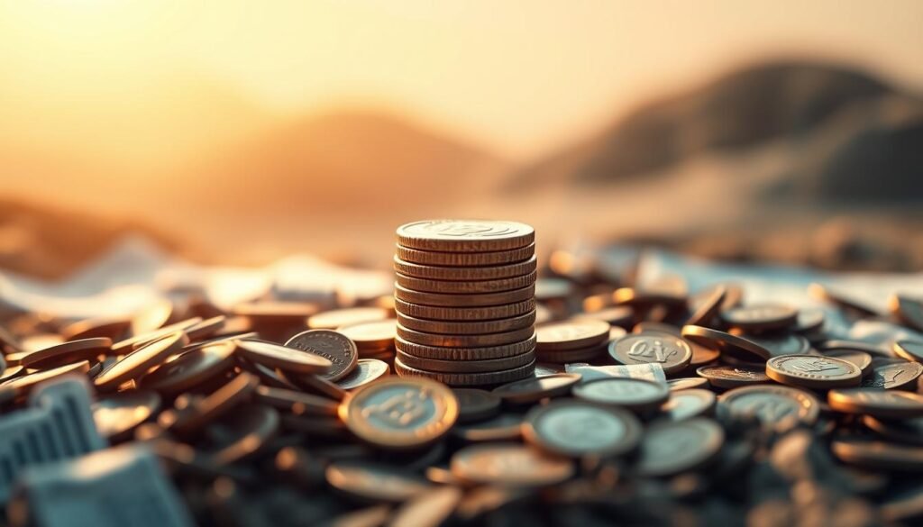 A serene financial landscape with a central focus on a stack of coins representing a small loan, surrounded by a mosaic of flexible repayment options. The scene is bathed in a warm, inviting light, conveying a sense of financial empowerment and control. The composition is balanced, with subtle details like financial charts and graphs in the background, emphasizing the analytical and informed decision-making process. The overall tone is one of clarity, confidence, and a tailored, personalized approach to managing one's small-scale financial obligations.