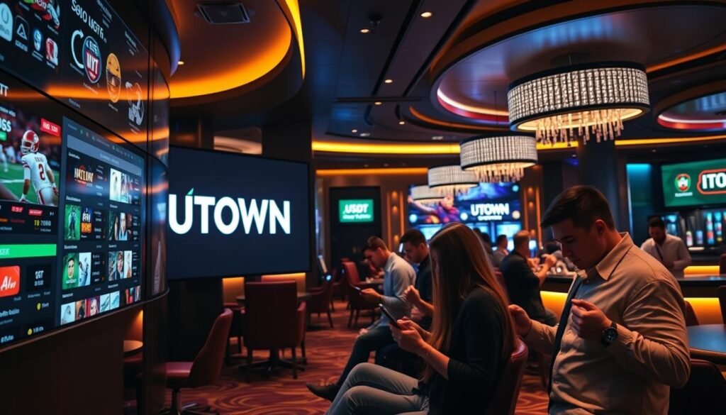A sleek and modern casino interior, bathed in warm lighting. In the foreground, a large display showcases various sports betting options, with the UTown logo prominently featured. The middle ground depicts a group of enthusiastic bettors engrossed in their mobile devices, taking advantage of the USDT and no-wagering withdrawal features. The background features a stylish bar area, where patrons can relax and enjoy their winnings. The overall atmosphere conveys a sense of excitement, sophistication, and user-friendly convenience, catering to the discerning sports betting enthusiast.