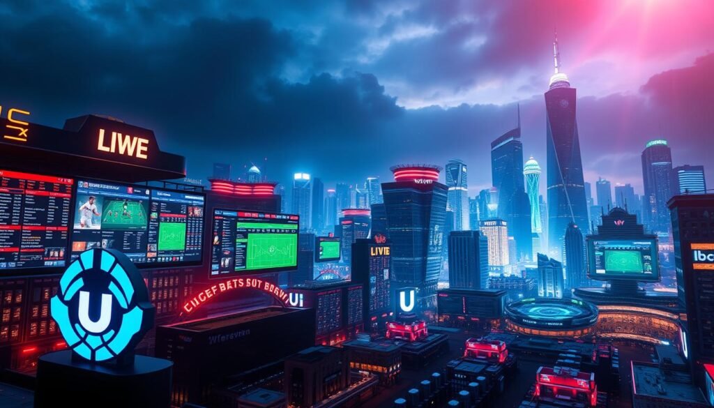 A striking digital landscape depicting the transformation of the sports betting industry. In the foreground, a dynamic UTown logo anchors the scene, symbolizing the brand's innovative presence. The middle ground showcases a vibrant array of digital interfaces, displaying sports data, odds, and live betting options. In the background, a futuristic cityscape emerges, with towering skyscrapers and glowing holographic displays, reflecting the global scope and technological advancements shaping the sports betting market. The composition conveys a sense of progress, connectivity, and the seamless integration of physical and digital realms within the evolving sports betting landscape.