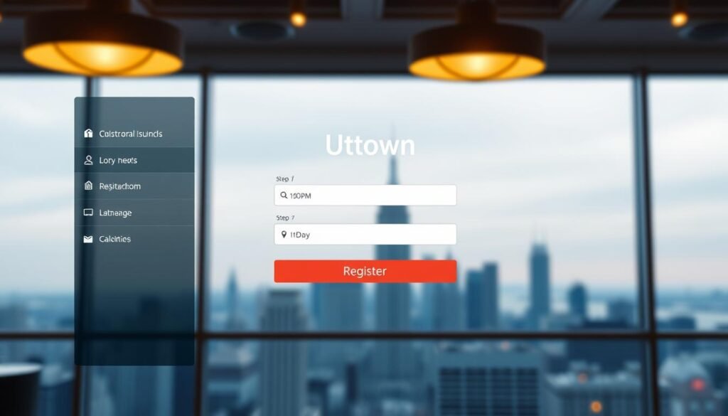 A vibrant and modern registration process for the UTown entertainment center. A clean, minimalist interface with a sleek navigation menu showcases the step-by-step registration flow. The foreground features a stylized registration form with input fields and a prominent "Register" button, while the background depicts a soft, blurred city skyline in soothing blues and grays, creating a sense of urban sophistication. Warm lighting from overhead fixtures casts a welcoming glow, and the overall composition conveys an efficient, user-friendly experience for anyone looking to quickly sign up and start enjoying the UTown entertainment offerings.