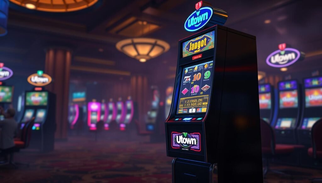 A vibrant, photorealistic rendering of a CG electronic slot machine from the UTown brand, set against a dimly lit casino interior. The machine's LED display flashes with an array of colorful symbols, hinting at the anticipation of a random jackpot payout. The foreground is dominated by the slot machine's sleek, metallic casing, while the middle ground features the surrounding casino environment, complete with plush carpeting, warm lighting, and the faint silhouettes of other slot machines. The background is shrouded in a soft, atmospheric haze, creating a sense of depth and immersion. The overall scene conveys the excitement and allure of the CG electronic slot machine experience, with a focus on the key elements that could lead to a coveted random jackpot payout.