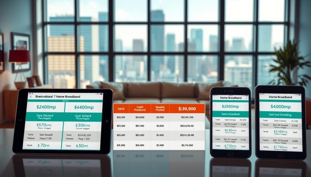 A well-lit, modern interior showcasing a comparison of home broadband offerings from Telecombrother. In the foreground, various broadband packages and service plans are displayed on tablets and smartphones, allowing for side-by-side comparisons. The middle ground features a cozy living room setting with comfortable furniture, highlighting the importance of reliable home connectivity. The background depicts a cityscape through large windows, emphasizing the urban context. The overall composition conveys a sense of informed decision-making and the ability to negotiate favorable broadband renewal terms with Telecombrother.