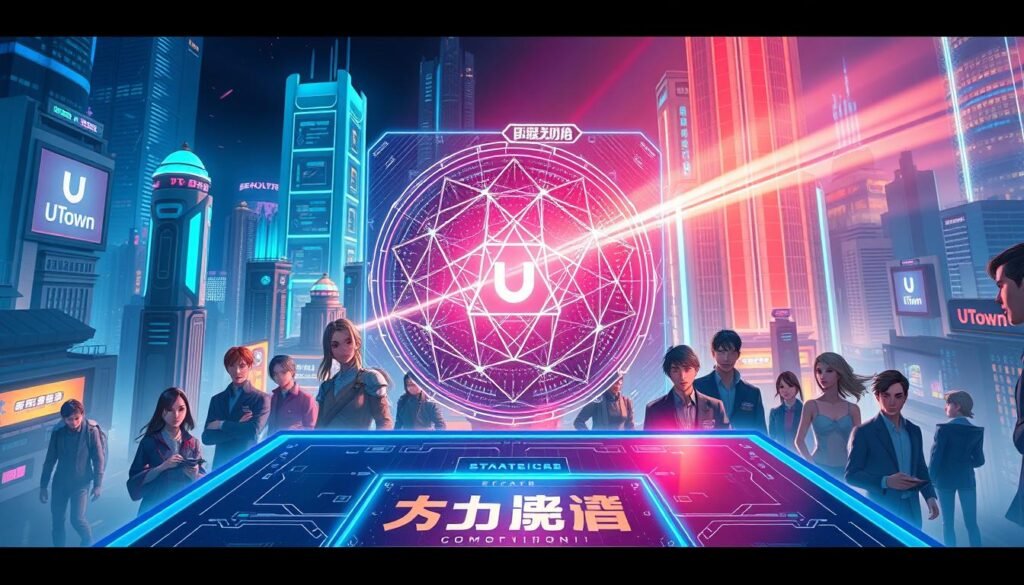 An intricate illustration depicting the concept of "倍數累積" (Compounding Multipliers). Set against a dynamic, futuristic cityscape branded with the UTown logo, the foreground showcases a glowing, holographic interface. At its center, a pulsating data visualization displays a geometric shape that exponentially grows, symbolizing the accumulation of multipliers. The middle ground features a diverse cast of characters engaged in strategic gameplay, their expressions intense as they monitor the compounding effects. The background blends seamless architectural elements, neon-lit skyscrapers, and a vibrant, cyberpunk-inspired color palette, creating an immersive, technologically advanced atmosphere. Lighting is dramatic, with sharp contrasts and directional beams illuminating the scene. The overall composition conveys a sense of innovation, progression, and the power of compounding strategies in the pursuit of gaming success.