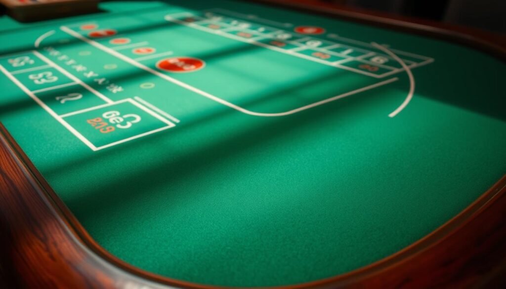 A detailed close-up view of a casino baccarat table, seen from an elevated angle. The green felt surface is pristine, with the distinct markings and areas for player and banker bets clearly visible. Crisp, direct lighting creates shadows and highlights the intricate details of the table's wooden frame and trim. The scene exudes an atmosphere of elegance and precision, setting the stage for an in-depth exploration of baccarat's rules and gameplay mechanics.
