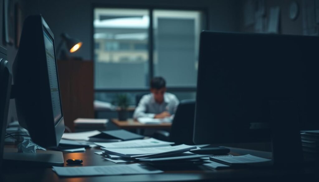 A dimly lit office setting, with a desk and computer prominently featured in the foreground. On the computer screen, a credit report or financial information is displayed, indicating the high frequency of credit checks. In the middle ground, a person sits at the desk, looking concerned or stressed, surrounded by scattered papers and documents. The background is blurred, conveying a sense of isolation and focus on the central issue. The lighting is moody, with shadows and highlights emphasizing the tension and weight of the situation. The overall atmosphere is one of anxiety and financial strain, reflecting the title "聯徵次數過高的原因".