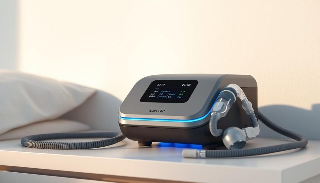 A highly detailed, photorealistic image of a modern, sleek iCareCPAP sleep apnea machine placed on a clean, minimalist bedside table. The machine has a matte gray finish with subtle blue LED accents, creating a calming, high-tech aesthetic. The front display shows the device's key settings and statistics, while the tubing and mask are neatly arranged next to it. The lighting is soft and natural, creating warm shadows and highlights that emphasize the machine's sophisticated design. The background is a simple, white wall, allowing the device to be the central focus of the composition.