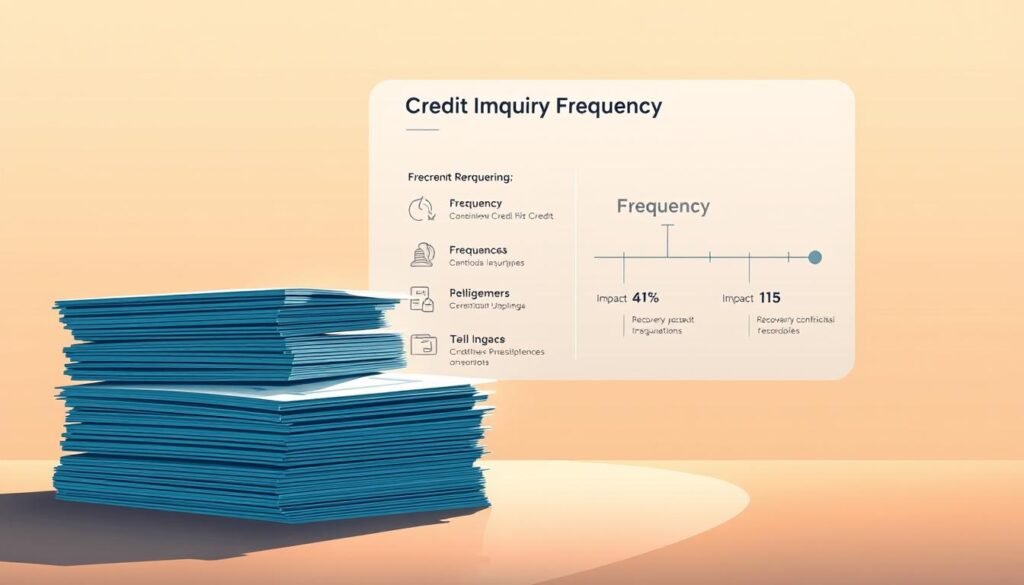 A sleek, modern illustration depicting the concept of "聯徵次數". In the foreground, a stack of credit reports or loan applications stands prominently, conveying the idea of frequent credit checks. The middle ground features a clean, minimalist infographic showcasing key data points related to credit inquiries, such as frequency, impact, and recovery timelines. The background has a subtle, warm-toned gradient, creating a sense of professionalism and financial security. The overall composition is balanced, with ample negative space to allow the central elements to shine. Soft, directional lighting casts gentle shadows, adding depth and dimension to the scene. The tone is informative yet visually appealing, perfectly suited to illustrate the "聯徵次數的定義與影響" section.