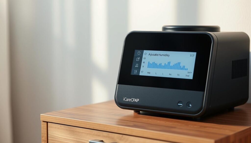 A sleek, modern sleep apnea machine with a large, digital display showcasing adjustable humidity settings. The device's design features a minimalist, matte black exterior with clean lines and intuitive controls. The display shows a range of humidity levels, allowing the user to precisely customize the moisture output for optimal respiratory health. The machine is situated on a simple, wooden bedside table, bathed in soft, diffused lighting that creates a calming, therapeutic atmosphere. The iCareCPAP logo is prominently displayed, emphasizing the brand's commitment to innovative sleep technology. The overall scene conveys a sense of relaxation and wellness, underscoring the importance of proper humidity settings for sleep apnea treatment.