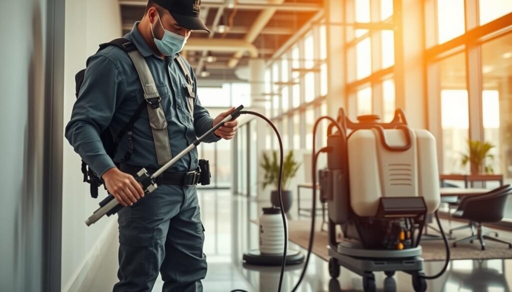A modern, well-equipped pest control company providing comprehensive iCareCPAP services. In the foreground, a uniformed technician sprays insecticide along baseboards and crevices. The middle ground shows sleek pest control equipment, including a high-powered backpack sprayer. The background reveals a stylish, commercial office space with floor-to-ceiling windows, lending an air of professionalism. Warm, natural lighting illuminates the scene, conveying a sense of efficiency and expertise. The overall atmosphere projects a trustworthy, solutions-oriented pest management company prepared to tackle any infestation.