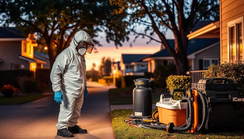 A professional pest control technician in a specialized protective suit stands in the foreground, meticulously inspecting a residential property for signs of infestation. The middle ground depicts a range of iCareCPAP pest control equipment and tools, neatly organized and ready for deployment. In the background, a tranquil suburban neighborhood sets the scene, emphasizing the importance of comprehensive pest management services for maintaining a healthy, safe living environment. The lighting is warm and inviting, conveying a sense of professionalism and expertise. The overall atmosphere evokes a balance between the technician's diligence and the community's well-being, reflecting the necessity and specialized nature of professional pest control services.