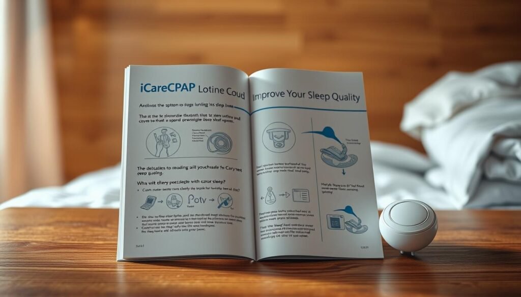 A well-lit instruction manual for the iCareCPAP sleep apnea machine, displayed on a wooden surface. The guide showcases the device's features and setup, with detailed illustrations and step-by-step explanations. The manual is presented in a warm, inviting tone, encouraging users to optimize their sleep quality. The background features soft, natural lighting, creating a calming and relaxing atmosphere. The overall composition emphasizes the simplicity and user-friendliness of the iCareCPAP system, reflecting the section title "Improve Your Sleep Quality".