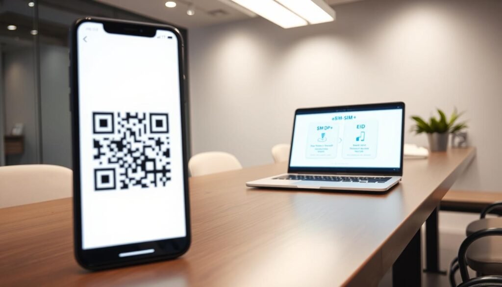 A professional and informative scene showcasing essential components of eSIM technology in South Korea. In the foreground, a close-up of a smartphone displaying a QR code, symbolizing the installation process of eSIM. The middle ground features a sleek, modern table with an open laptop showing a digital diagram illustrating SM-DP+ and EID, with prominent visual elements. The background reveals a minimalist office environment with soft, diffused lighting that creates a professional atmosphere. The overall mood is tech-savvy and inviting, designed to enhance understanding of eSIM concepts. Use a wide-angle perspective to capture the entire scene, emphasizing clarity and detail without any text or markings.