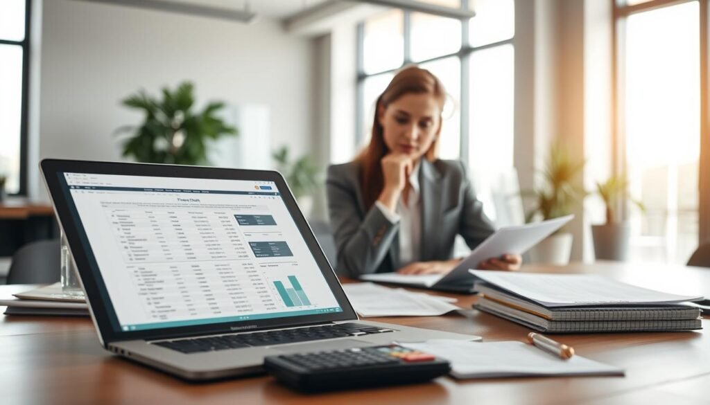 A focused scene depicting a professional workspace highlighting the financial preparation for starting a business. In the foreground, a well-organized desk features a laptop open to a financial planning spreadsheet, surrounded by essential documents, a calculator, and a notepad with neatly written notes. In the middle ground, a businessperson in professional attire, a woman or a man, is thoughtfully reviewing the documents, exuding focus and determination. The background shows a modern office with a large window allowing natural light to flood in, creating a bright and inspiring atmosphere. Use soft focus for the background to emphasize the subject. The overall mood is one of ambition and meticulous planning, perfect for illustrating the importance of financial readiness in entrepreneurship.