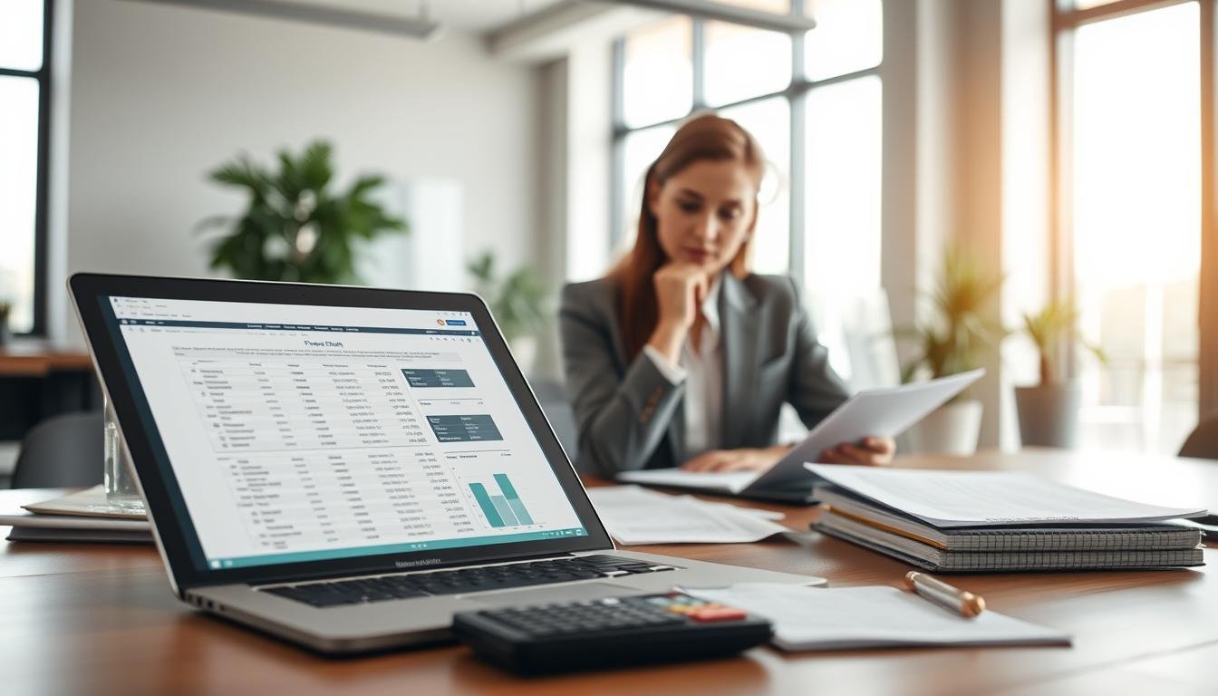 A focused scene depicting a professional workspace highlighting the financial preparation for starting a business. In the foreground, a well-organized desk features a laptop open to a financial planning spreadsheet, surrounded by essential documents, a calculator, and a notepad with neatly written notes. In the middle ground, a businessperson in professional attire, a woman or a man, is thoughtfully reviewing the documents, exuding focus and determination. The background shows a modern office with a large window allowing natural light to flood in, creating a bright and inspiring atmosphere. Use soft focus for the background to emphasize the subject. The overall mood is one of ambition and meticulous planning, perfect for illustrating the importance of financial readiness in entrepreneurship.