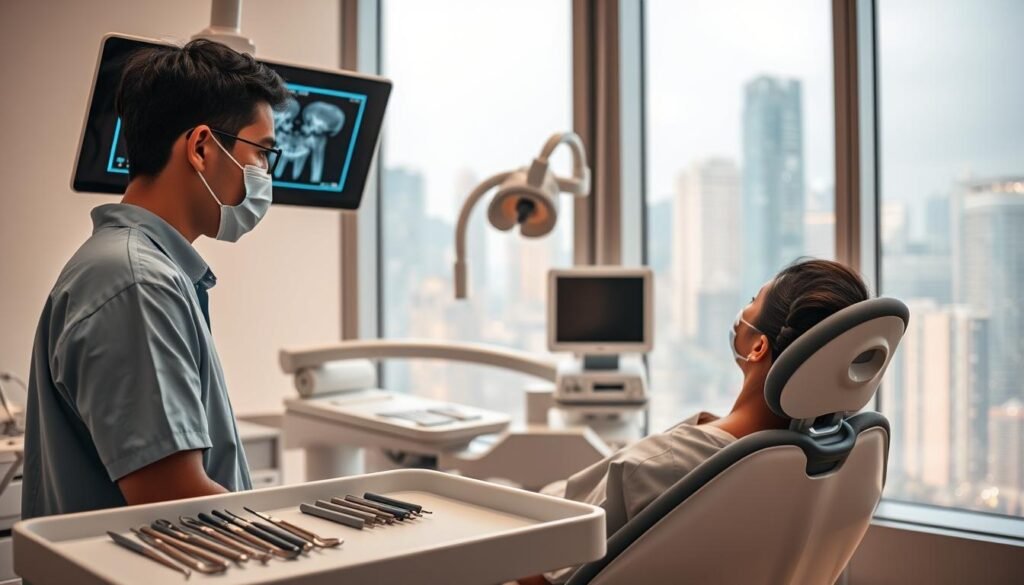 A modern dental clinic in Hong Kong, showcasing a root canal treatment process. In the foreground, a focused dentist in professional attire examines an X-ray on a digital screen while assisting a patient in a dental chair. The dentist wears a mask and gloves, conveying a sterile environment. The middle ground features dental instruments neatly arranged on a tray and advanced dental equipment in use. Soft, warm lighting illuminates the room, casting a comforting glow and highlighting the clean and organized setting. In the background, large windows reveal a glimpse of the bustling Hong Kong cityscape outside, adding depth to the scene. The atmosphere feels professional and reassuring, emphasizing the clinic’s commitment to patient care during dental procedures.