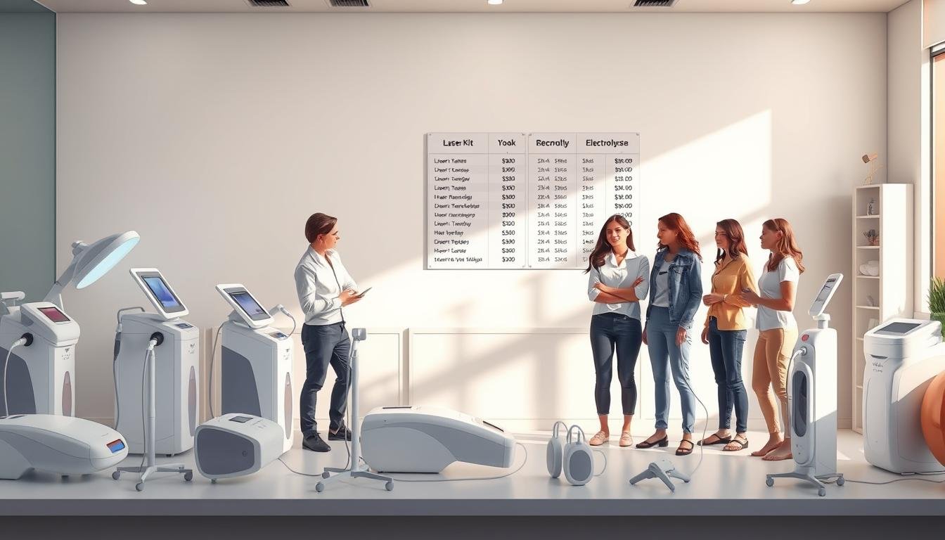 A professional and informative illustration comparing different hair removal techniques and their prices. In the foreground, showcase a clean, modern clinic environment with a well-organized presentation of various hair removal devices like laser machines, waxing kits, and electrolysis equipment. In the middle, depict a diverse group of clients, dressed in modest casual attire, examining the devices with curious expressions, each representing a different hair removal method. In the background, include subtle imagery of a price chart hanging on the wall, highlighting the costs associated with each technique. Use soft, natural lighting to create an inviting atmosphere. The angle should be slightly elevated, giving a comprehensive view of the entire scene while maintaining clarity and focus on the details.