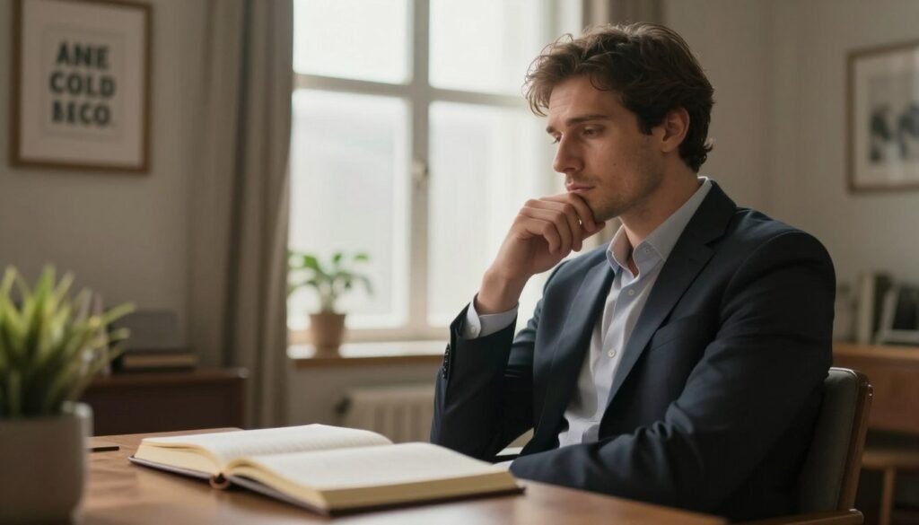 A thoughtful and introspective scene depicting a man sitting alone in a warmly lit room, wearing tailored business attire, reflecting on his self-image and confidence. In the foreground, a soft-focus journal lies open next to him, symbolizing personal growth. The middle ground features a large, softly glowing window that lets in natural light, highlighting the contours of the man's thoughtful expression. The background includes tasteful decor, such as framed motivational quotes and serene plants, creating a cozy atmosphere. The lighting should convey a sense of warmth and contemplation, with a cinematic look emphasizing the man's emotional journey towards self-acceptance and empowerment. The composition should evoke a balanced mix of introspection and hope, captured in a 4:3 aspect ratio.