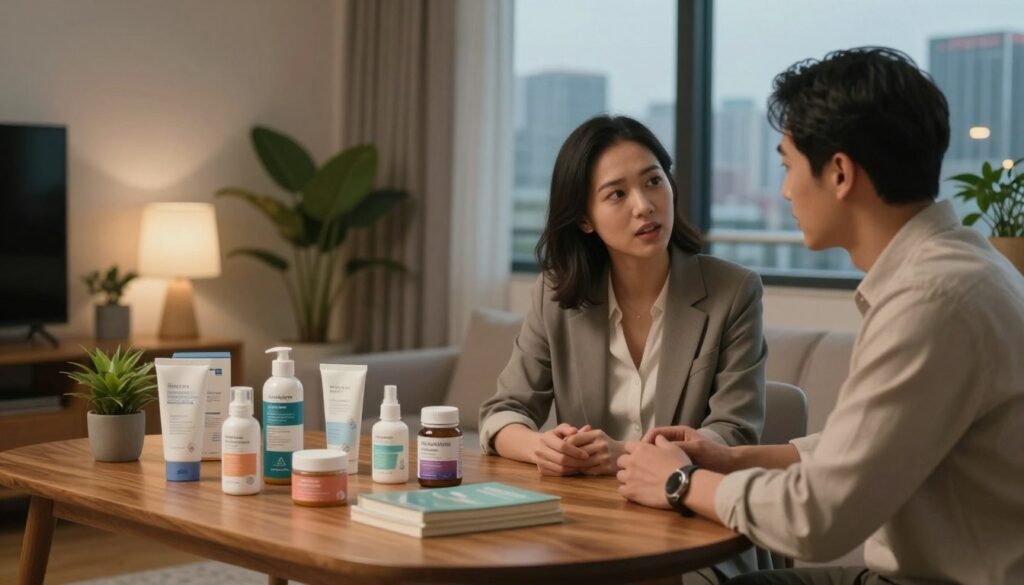 A cozy and intimate scene set in a softly lit Hong Kong apartment, showcasing a tasteful display of adult wellness products on a stylish wooden table. In the foreground, a diverse couple in professional business attire engages in a warm conversation, their expressions filled with curiosity and connection as they explore the benefits of these items for their overall well-being. The middle ground features decorative plants and books, creating a tranquil atmosphere. In the background, gently illuminated city skyline views can be seen through a large window, adding a cinematic feel to the setting. The scene evokes a sense of warmth and promotes the idea of enhancing physical health and emotional connection, captured in a harmonious 4:3 aspect ratio.