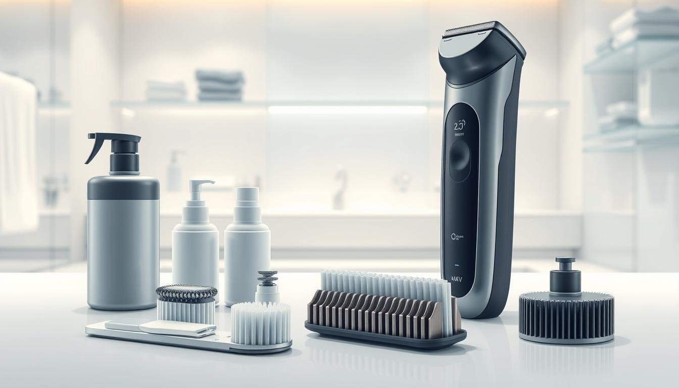 A detailed illustration depicting a maintenance guide for a modern electric men's personal grooming device. In the foreground, a sleek, high-tech cleaning kit with specialized brushes and solutions is artistically arranged. The middle ground features an electric device, partially disassembled, showcasing its interior structure and design meant for easy cleaning. The background includes softly blurred shelves with similar grooming products, set in a well-lit, tidy bathroom environment that emphasizes hygiene and care. The lighting is bright and inviting, with a clean white or light-colored ambiance. The mood conveys a sense of professionalism and practicality, focusing on the importance of maintaining quality personal care equipment.