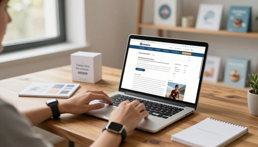 A modern, inviting workspace featuring an open laptop displaying a reliable adult product website on the screen, surrounded by neatly organized product samples on a polished wooden desk. In the foreground, a pair of hands, wearing a smartwatch, are thoughtfully comparing product reviews on the laptop. The middle section shows soft morning light filtering through a nearby window, creating a warm and focused atmosphere, enhancing the feeling of careful consideration. In the background, minimalist shelves hold trusted brand logos and adult product packaging, all displayed tastefully. The entire scene conveys professionalism and trust, emphasizing the importance of choosing reliable brands for safe online purchases. The image is captured from a slightly angled perspective, with a depth of field that keeps the focus on the hands and laptop.