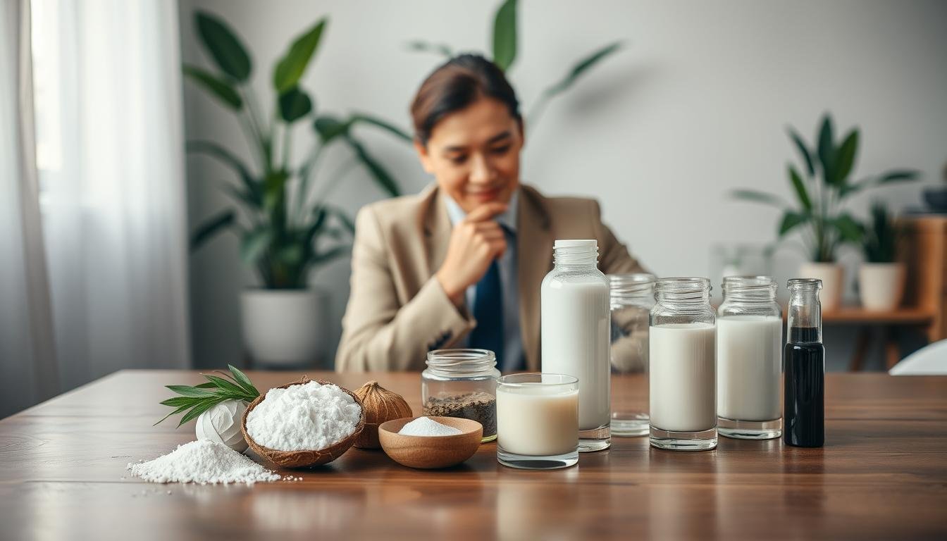 A serene indoor setting showcasing a selection of natural antiperspirant products on a hardwood table. In the foreground, there is a small array of various natural ingredients such as baking soda, coconut oil, and essential oils, alongside elegant glass containers holding homemade deodorant blends. In the middle ground, a person, dressed in smart casual attire, is thoughtfully inspecting a bottle while displaying a look of contemplation and satisfaction. The background features soft, diffused lighting that creates a warm and inviting atmosphere, with potted plants adding a touch of greenery. The scene is captured with a shallow depth of field, focusing on the person and the products, conveying an atmosphere of wellness and mindfulness in choosing natural options.