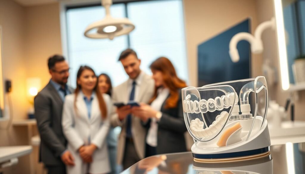 A modern dental office setting, featuring a close-up of an innovative dental device designed to alleviate snoring, prominently displayed in the foreground. The device should be sleek and futuristic, with a translucent design that reveals its inner mechanics, emphasizing comfort and user-friendliness. In the middle ground, soft-focus images of a diverse group of individuals in professional attire, each interacting with the device, suggesting curiosity and interest. The background includes warm lighting and dental tools neatly arranged, creating a clean and inviting atmosphere. The overall mood is positive and informative, showcasing the device's potential effectiveness while emphasizing a professional and caring approach to dental health. The image should have a slight depth of field, drawing focus to the device and the engaged expressions of the individuals.