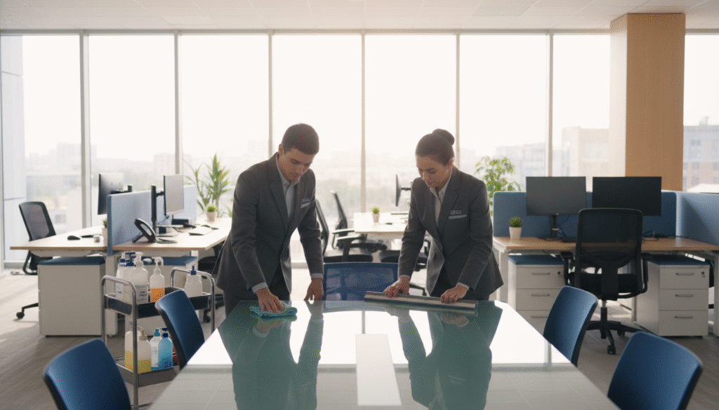 A well-lit modern office space, showcasing a professional cleaning team in action. In the foreground, two individuals dressed in smart business attire, diligently cleaning a sleek glass conference table with high-quality equipment. In the middle ground, there are office cubicles with neatly organized desks and computer setups, suggesting a bustling work environment. In the background, large windows allow natural light to pour in, illuminating the space while highlighting the cleanliness of the office. The atmosphere is fresh and inviting, reflecting a high standard of hygiene and professionalism. The overall mood conveys trust and efficiency, emphasizing the importance of quality office cleaning services.