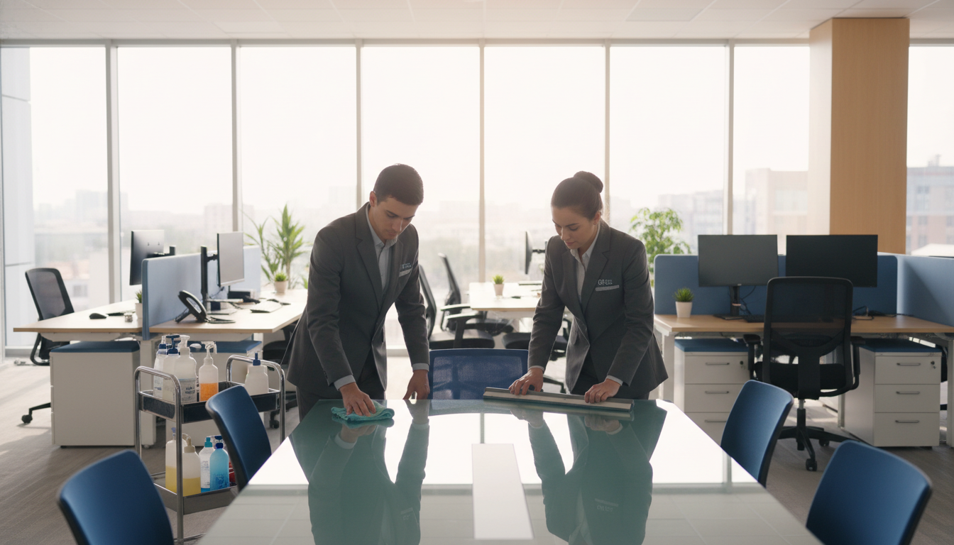 A well-lit modern office space, showcasing a professional cleaning team in action. In the foreground, two individuals dressed in smart business attire, diligently cleaning a sleek glass conference table with high-quality equipment. In the middle ground, there are office cubicles with neatly organized desks and computer setups, suggesting a bustling work environment. In the background, large windows allow natural light to pour in, illuminating the space while highlighting the cleanliness of the office. The atmosphere is fresh and inviting, reflecting a high standard of hygiene and professionalism. The overall mood conveys trust and efficiency, emphasizing the importance of quality office cleaning services.