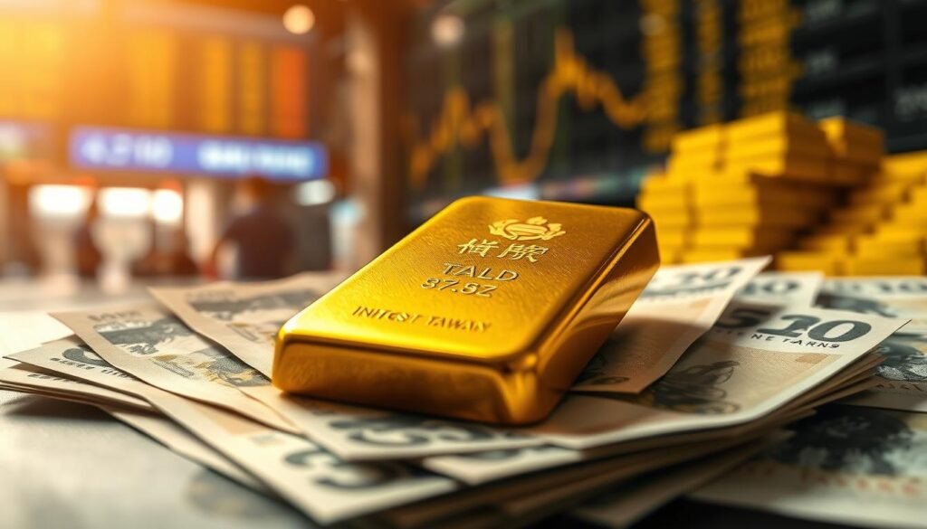 A close-up view of a luxurious gold bar weighing one tael (approximately 37.5 grams), glimmering under soft, warm lighting to highlight its rich yellow hues. Surrounding the gold bar is an array of Taiwanese currency bills, elegantly arranged to suggest financial context. In the background, a blurred market scene with subtle hints of a trading platform gives a sense of an active gold market. The atmosphere is sophisticated and professional, ideal for conveying wealth and investment. The composition is shot from a slight angle to create depth, focusing on the reflection of light off the gold and the texture of the bills, capturing the essence of gold pricing in Taiwan. A close-up view of a luxurious gold bar weighing one tael (approximately 37.5 grams), glimmering under soft, warm lighting to highlight its rich yellow hues. Surrounding the gold bar is an array of Taiwanese currency bills, elegantly arranged to suggest financial context. In the background, a blurred market scene with subtle hints of a trading platform gives a sense of an active gold market. The atmosphere is sophisticated and professional, ideal for conveying wealth and investment. The composition is shot from a slight angle to create depth, focusing on the reflection of light off the gold and the texture of the bills, capturing the essence of gold pricing in Taiwan.
