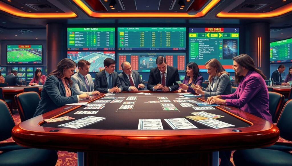 A detailed illustration depicting the concept of sports betting rules in a sleek, modern casino environment. In the foreground, a polished, wooden betting table with colorful betting slips showcasing various sports events like football, basketball, and racing. In the middle, a group of diverse, professionally-dressed people engaging in spirited discussions, examining their bets with keen interest. The background features large screens displaying live games and odds, illuminated by ambient lighting that creates an exciting atmosphere. The mood is dynamic and engaging, capturing the thrill of sports betting. The scene should emphasize clarity and professionalism, showcasing an inviting space for learning and understanding the betting rules.
