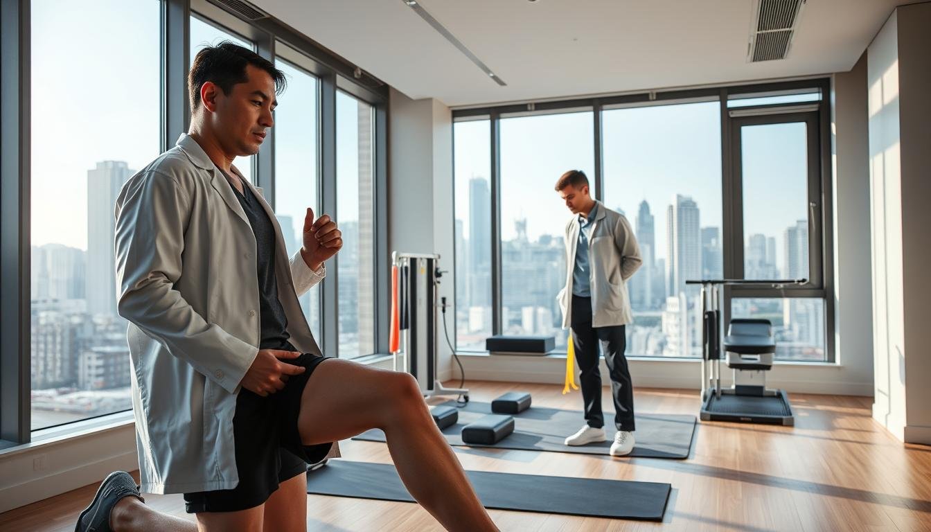 A focused athletic rehabilitation scene set in a well-lit, modern physiotherapy clinic in Hong Kong. In the foreground, a male athlete, dressed in professional athletic wear, is receiving treatment for a meniscus injury, attentively guided by a skilled physiotherapist in a lab coat and professional attire. The middle ground features medical equipment like resistance bands and exercise mats, emphasizing the recovery process. In the background, large windows reveal a serene view of the bustling Hong Kong skyline, blending urban life with health and wellness. Soft, natural lighting creates an uplifting atmosphere of hope and resilience, highlighting the determination of the athlete. The angle captures the interaction between the therapist and the athlete, illustrating the supportive nature of rehabilitation.