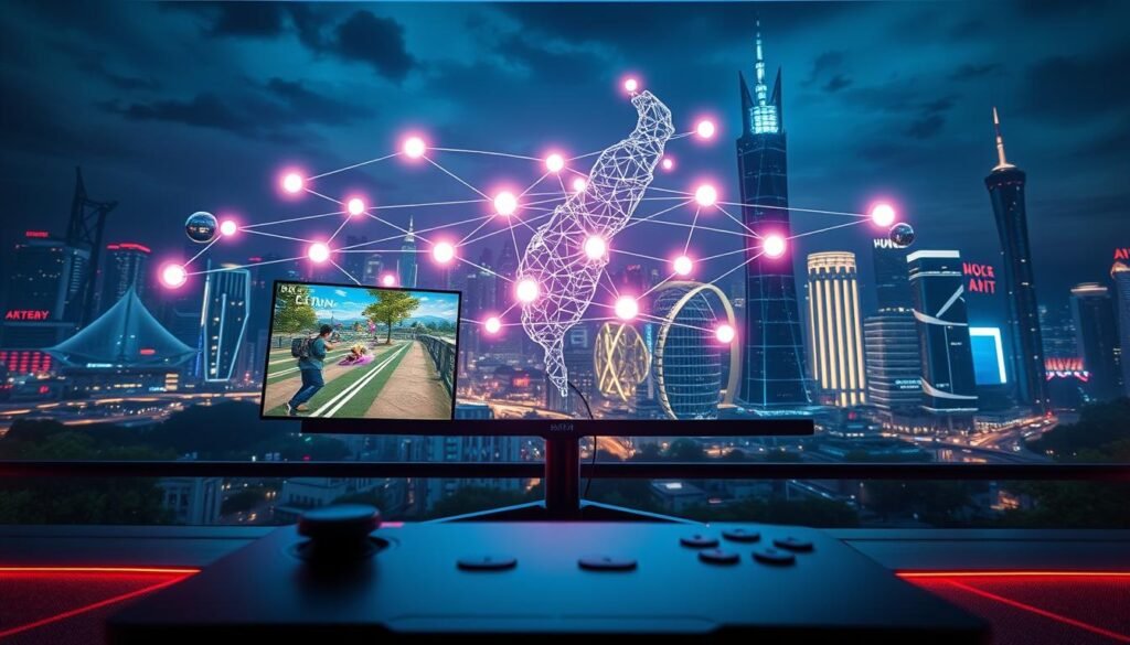 A futuristic gaming environment showcasing the integration of CDN technology in a digital landscape. In the foreground, a sleek, modern gaming console and high-resolution monitor display a vibrant game scene, with an animated character mid-action. The middle layer features a dynamic visualization of a CDN network, with glowing nodes connecting various cities across Taiwan, symbolizing low-latency gaming experiences. The background is a stylized cityscape, illuminated at night, representing different Taiwanese regions, with soft neon lights to create a lively atmosphere. The lighting is bright and focused on the gaming elements, enhancing excitement. The overall mood is energetic and engaging, capturing the essence of optimized gaming through advanced technology.