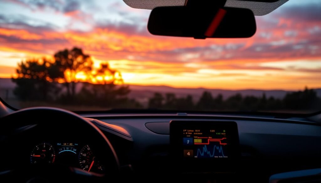 A high-tech car dashboard showcasing a digital car recorder with an emphasis on its automatic white balance adjustment feature during a sunset. In the foreground, the recorder display glows with vibrant colors, displaying real-time adjustments of hues as the scene changes. The middle features a scenic view through the windshield, capturing a dramatic sunset with rich orange, purple, and gold tones reflecting in the car’s interior. The background includes soft-focus silhouettes of trees and distant hills under a twilight sky. The lighting is warm, casting soft shadows within the vehicle, creating a calm yet captivating atmosphere. The camera angle is slightly tilted to emphasize the interplay of technology and nature in this dynamic lighting scenario.