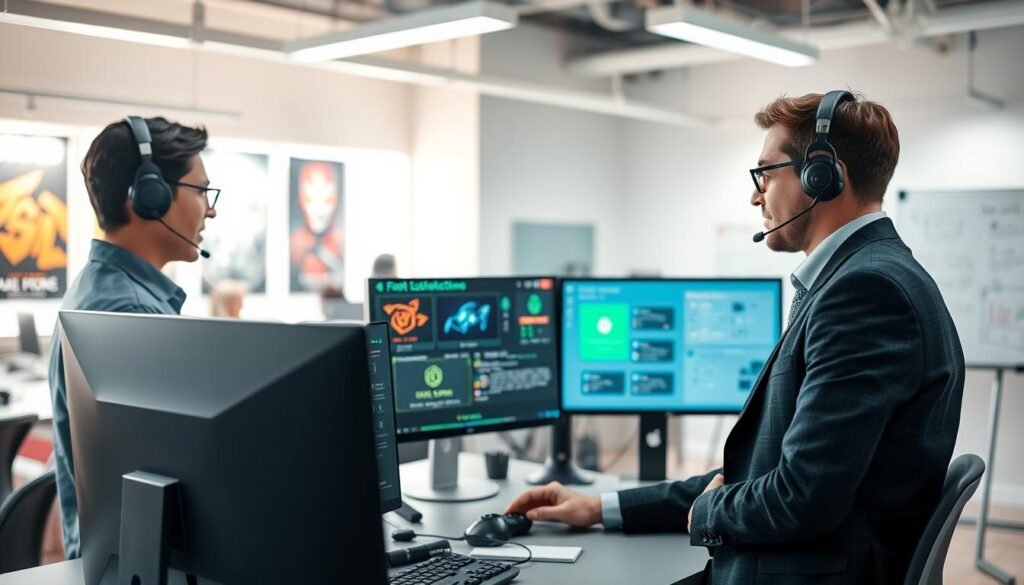 A modern tech support scene focused on "3A電子遊戲技術支援." In the foreground, a well-dressed technician, wearing a professional headset and attire, is intently discussing solutions with a client over a sleek computer interface showing gaming software. In the middle, various gaming-related tech devices and a dual monitor setup display clear troubleshooting interfaces and one-click repair options. In the background, a bright, stylish office is bustling with activity, featuring gaming posters and high-tech equipment. The lighting is soft and professional, illuminating the workspace and creating an atmosphere of collaboration and efficiency. The perspective is slightly angled, allowing a glimpse of a digital whiteboard detailing common troubleshooting methods.